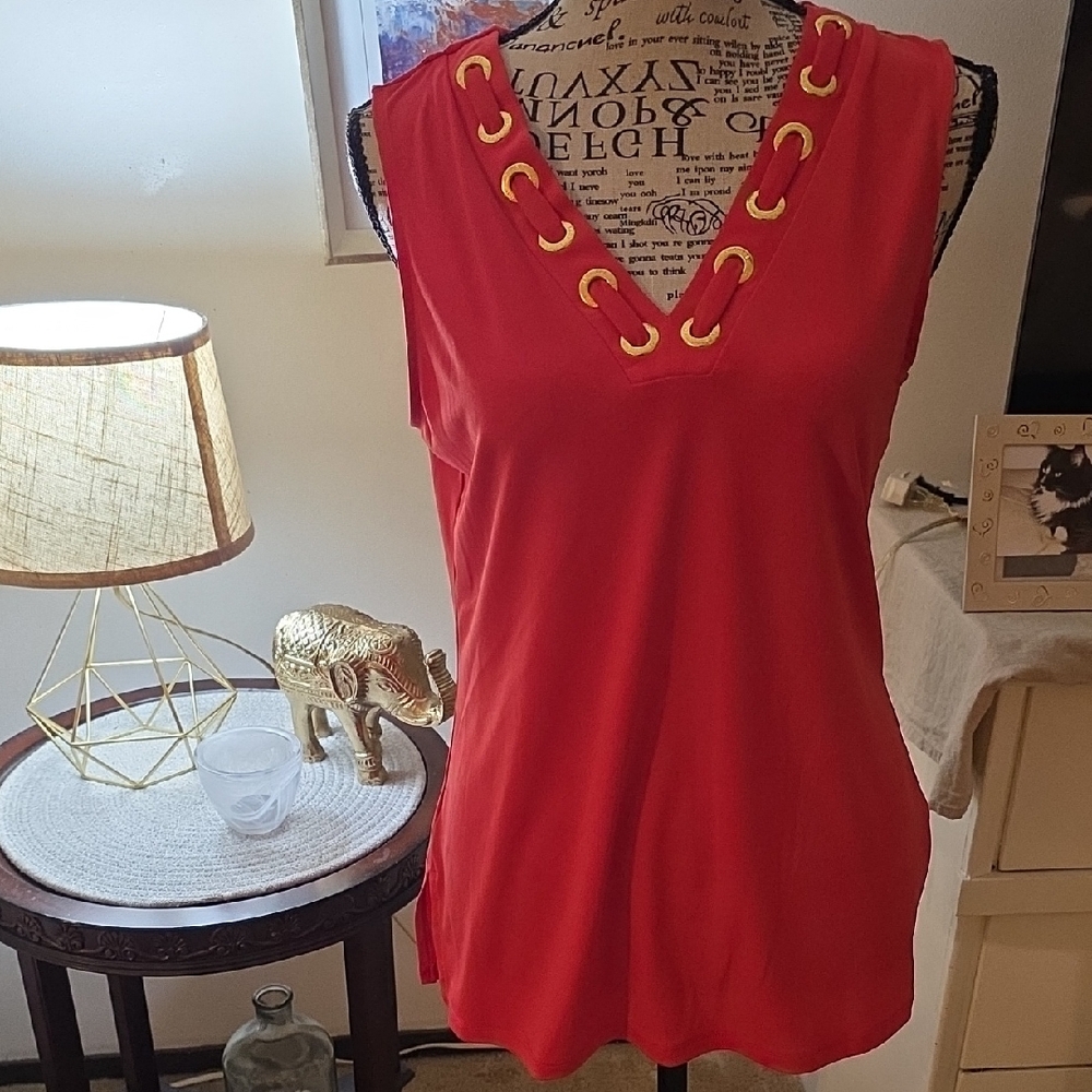 Michael Kors Red V-Neck Top with Gold Details